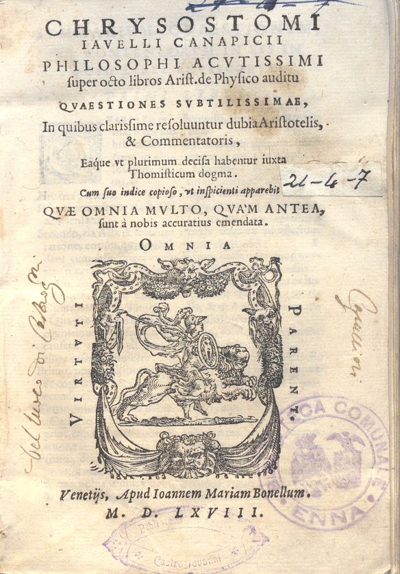 FISICA DI ARISTOTELE. CRISOSTOMO JAVELLI. 1568